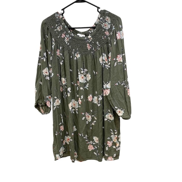 J. Jill Tops - J Jill Floral Print Gauzy Smock Neck Top Green 1/2” Sleeve Summer Womens XL